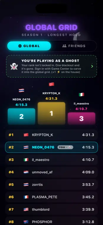 The global leaderboard: a podium of the top three, then a ranked list with country flags and hold times