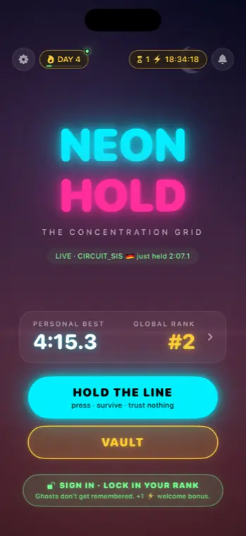 The NEON HOLD main menu, showing a four day streak, a revive countdown, a personal best and a global rank